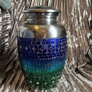 Medium Size Blue Green Mosaic Funeral Cremation Urn for Pets or Humans